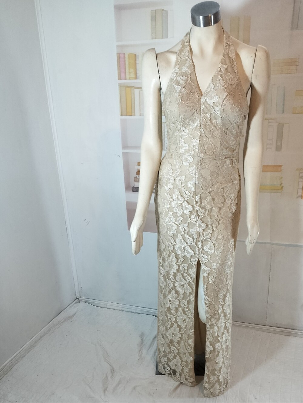 Windsor Beige Lace Halter Maxi Dress with Front Slit